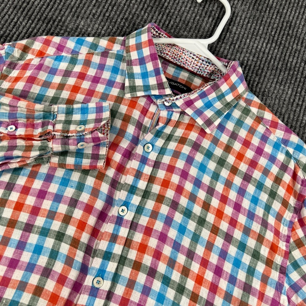 Bugatchi Shirt Mens Large Purple Check Long Sleeve Button Up‎ Linen Lightweight
